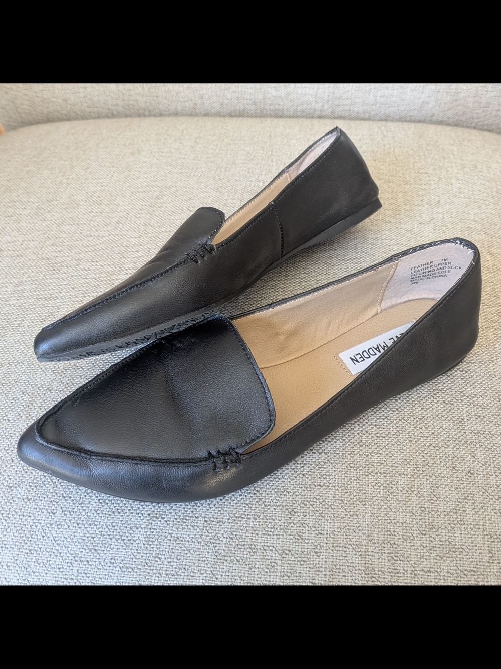 Steve Madden 7 Black Genuine Leather Pointed-Toe Flats/Loafers